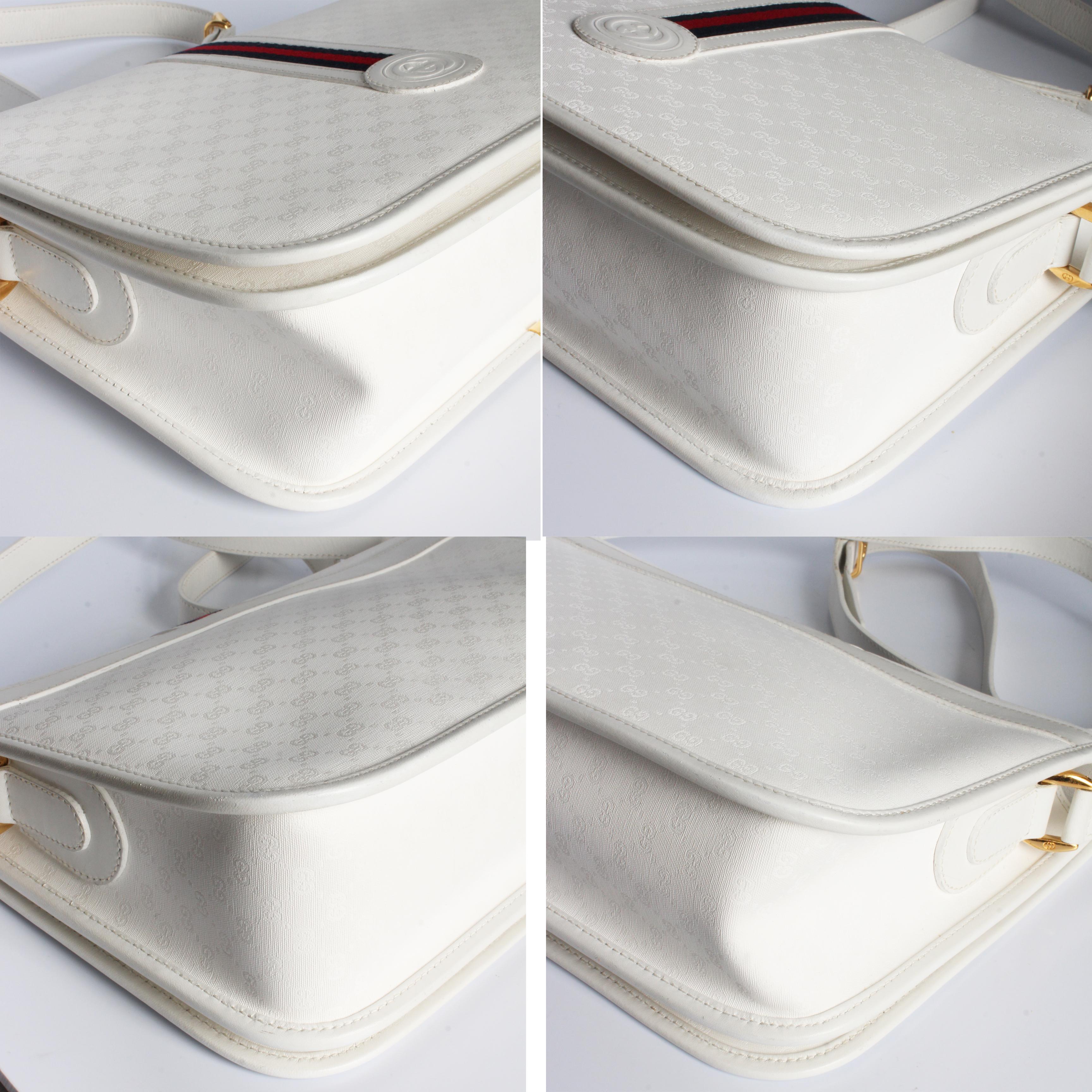 Gucci Umhängetasche Weiß GG mit beschichtetem Segeltuchlederbesatz und Lederbesatz mit Webbing Vintage HTF 6