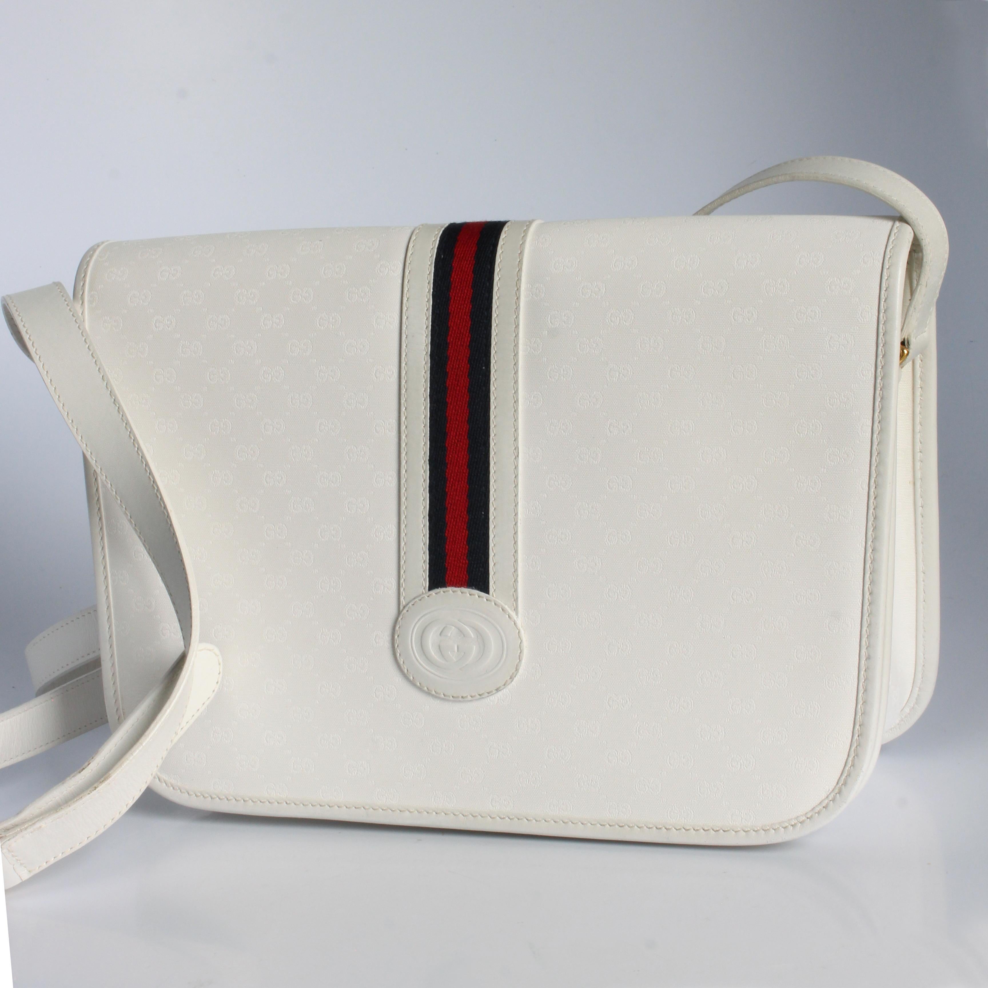 Gucci Shoulder Bag White GG Coated Canvas Leather Trim with Webbing Vintage HTF In Good Condition In Port Saint Lucie, FL