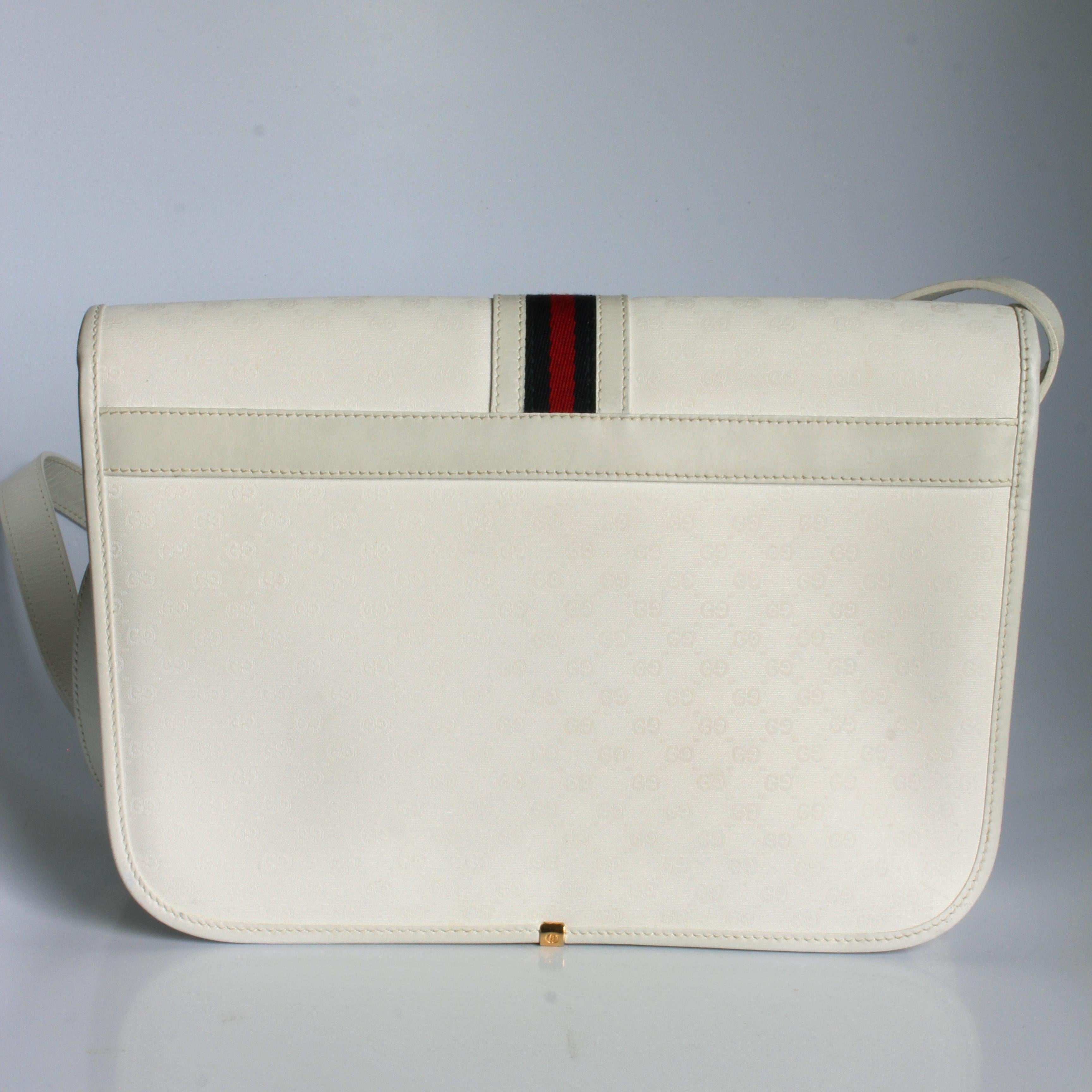 Gucci Shoulder Bag White GG Coated Canvas Leather Trim with Webbing Vintage HTF 4