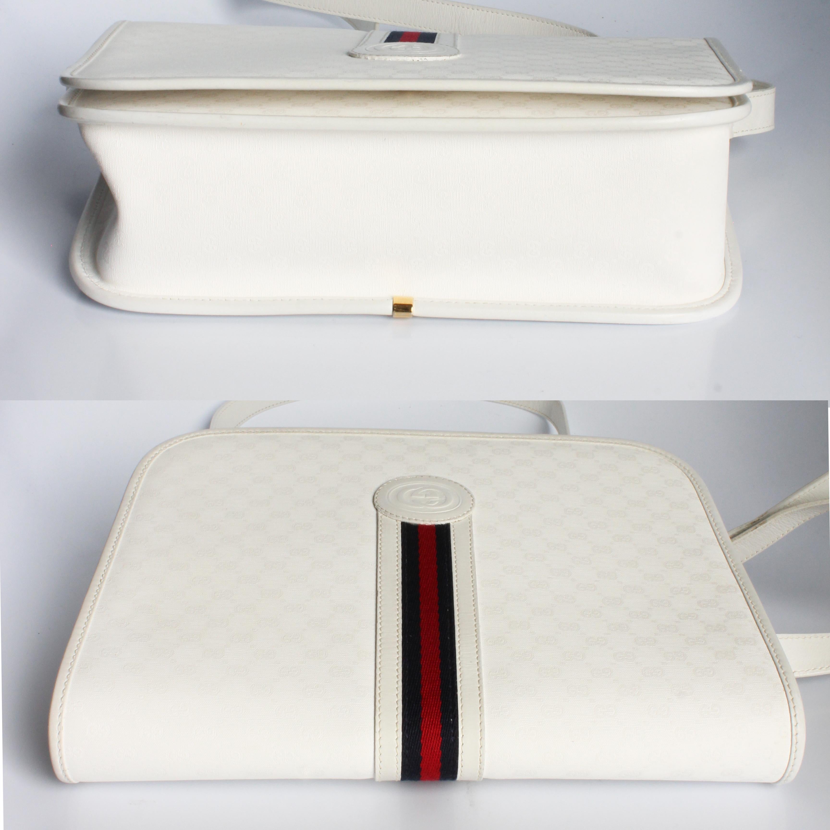 Gucci Shoulder Bag White GG Coated Canvas Leather Trim with Webbing Vintage HTF For Sale 5