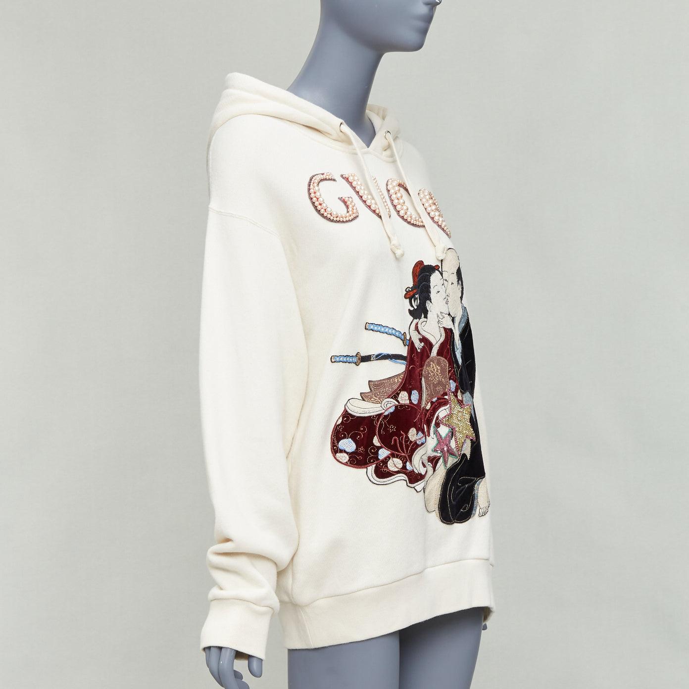 Gray GUCCI Shunga Geisha Lover cream embroidery pearl embellished hoodie M For Sale