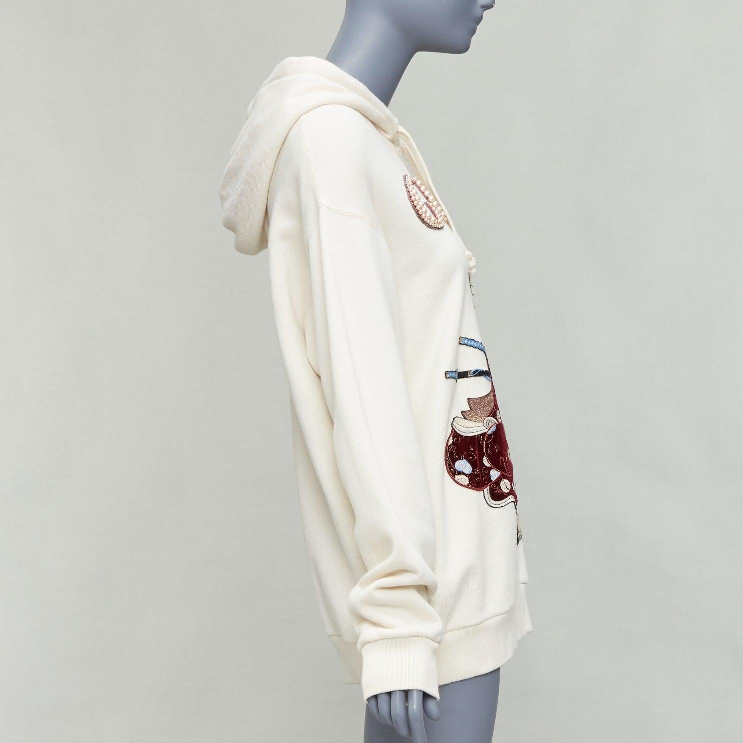 GUCCI Shunga Geisha Lover cream embroidery pearl embellished hoodie M In Good Condition For Sale In Hong Kong, NT