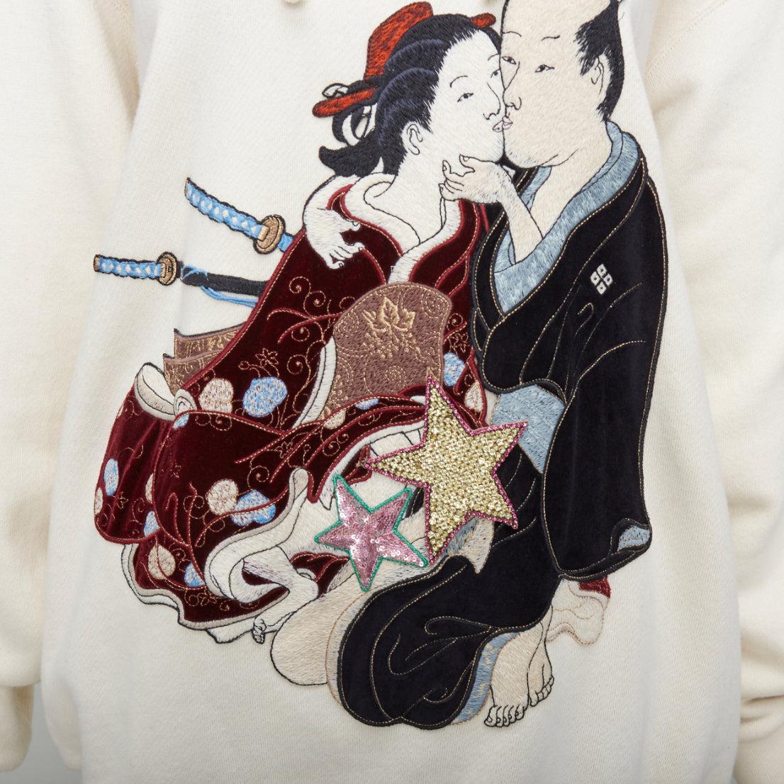 GUCCI Shunga Geisha Lover cream embroidery pearl embellished hoodie M For Sale 2