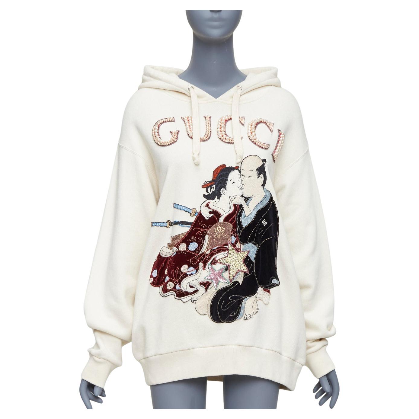 GUCCI Shunga Geisha Lover cream embroidery pearl embellished hoodie M For Sale