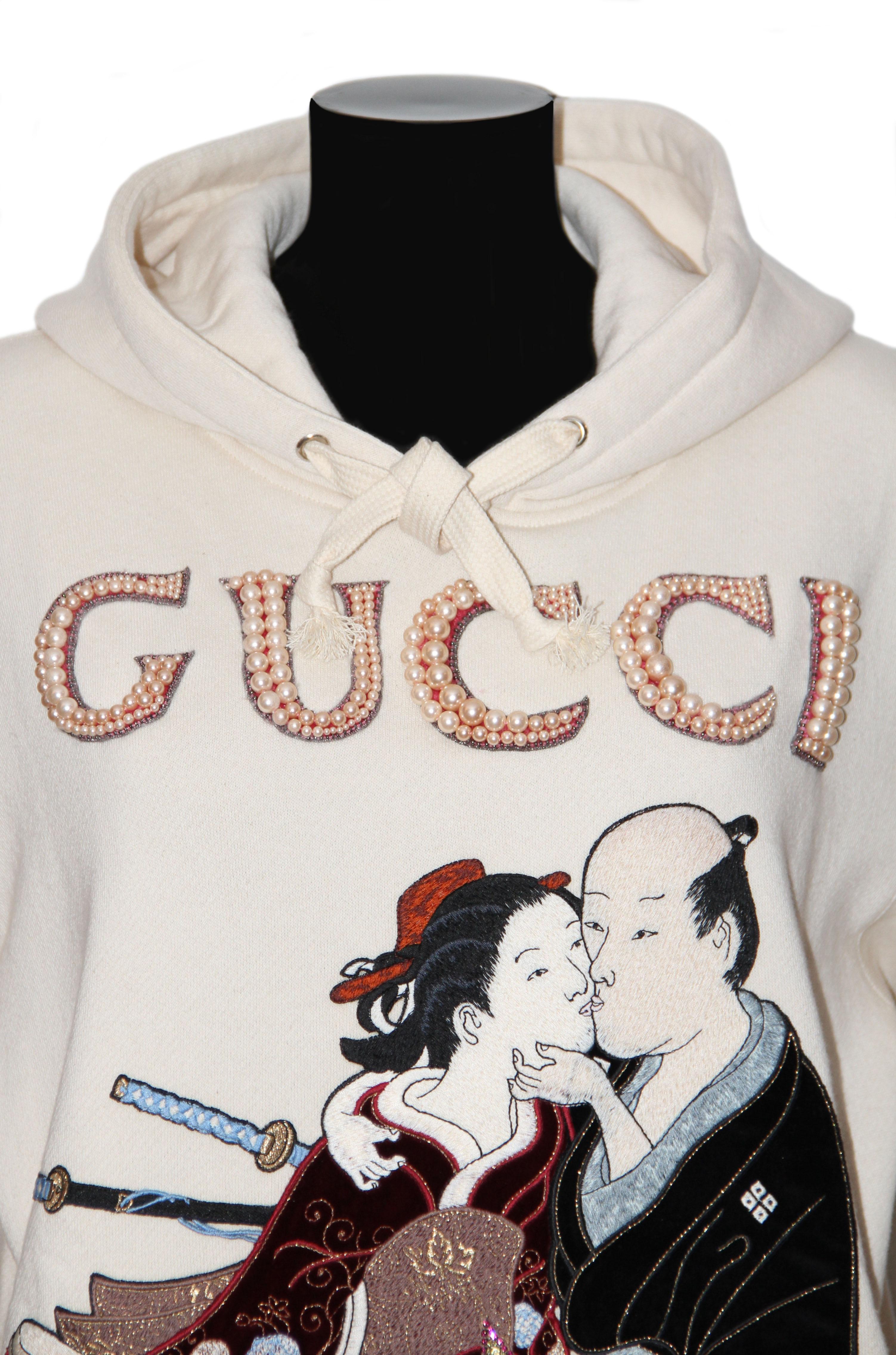 The Shunga sweatshirt was unveiled in Milan in the Gucci Hub. 
Alessandro Michele, the italian artistic director of the house of Gucci since 2015 is very influenced by art and as a result he mixes Italian baroque and Japanese prints. 
The Shunga