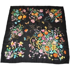 Vintage Gucci Signature Black "Collections of Floral Silk Jacquard Scarf