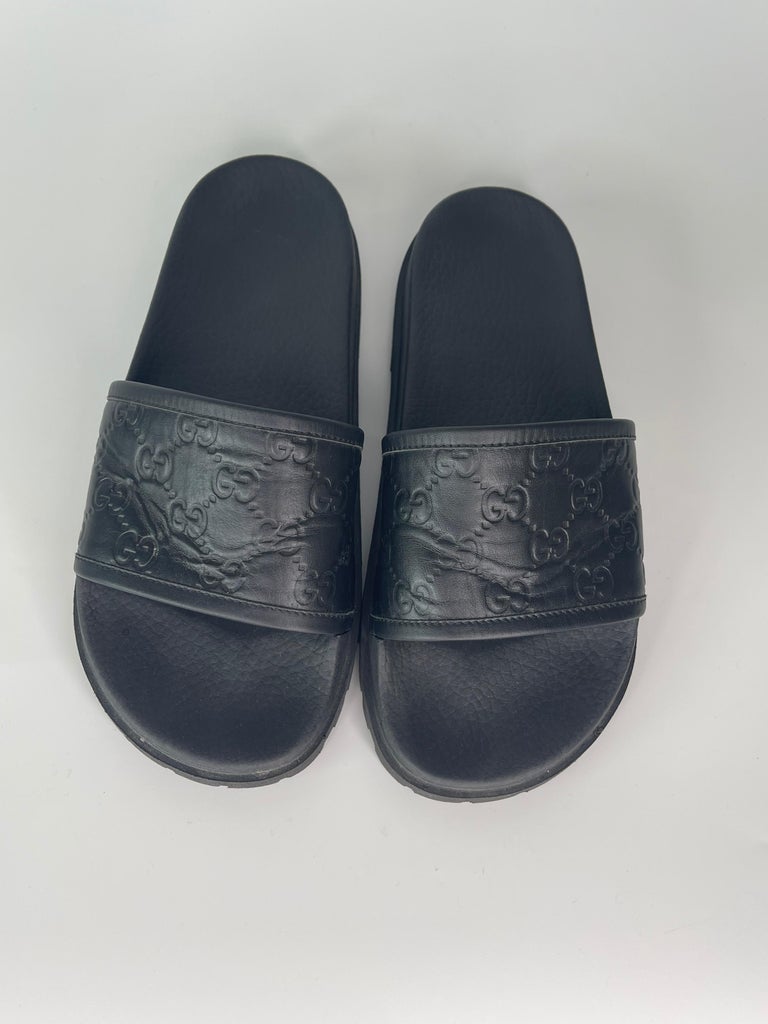 Gucci Signature Leather Slide Sandal Black Mens (6 US) 431070 For Sale ...