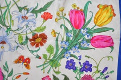 Gucci Signature Multi-Floral with Lapis Border Silk Crepe de Chine Scarf