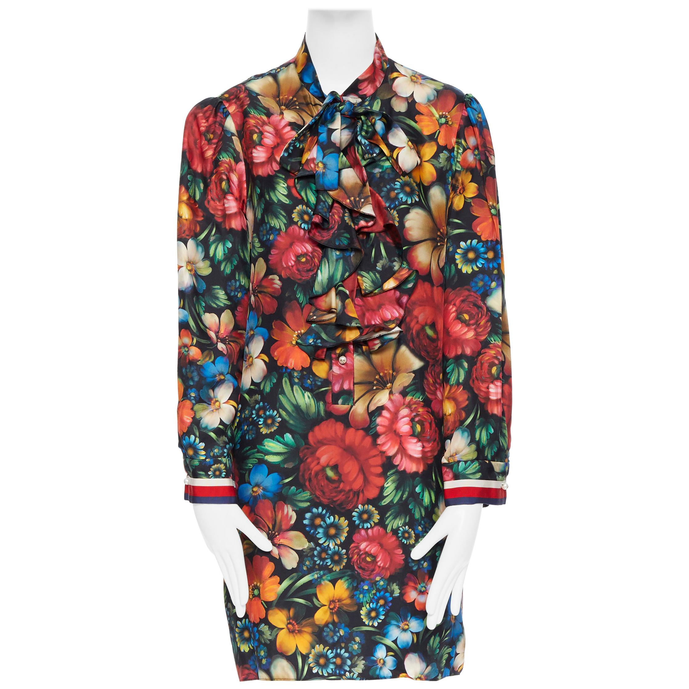 GUCCI Silk Nocturne floral print ruffle pussy bow pearl button collar dress  IT46 at 1stDibs