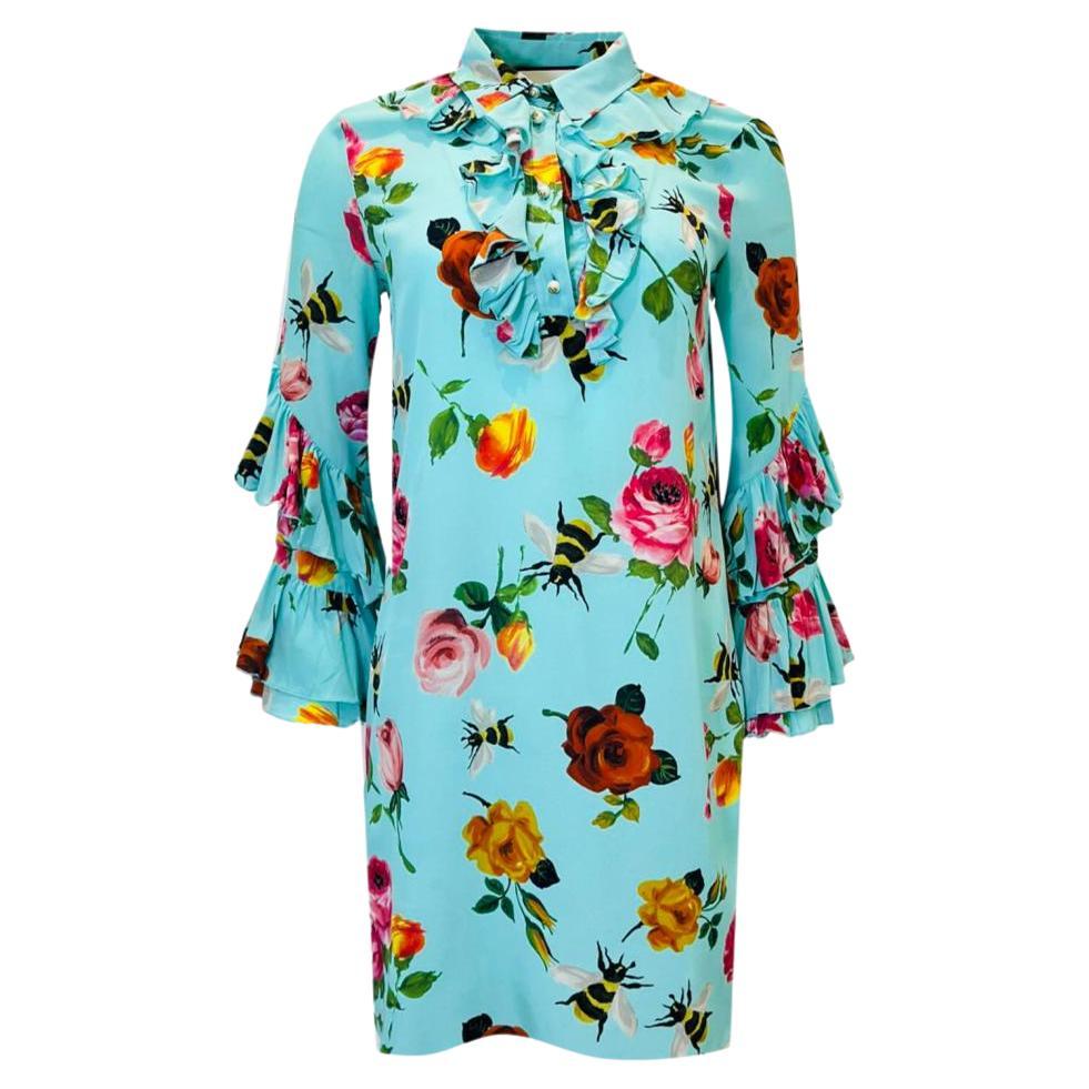 Gucci Silk Rose & Bee Print Dress For Sale