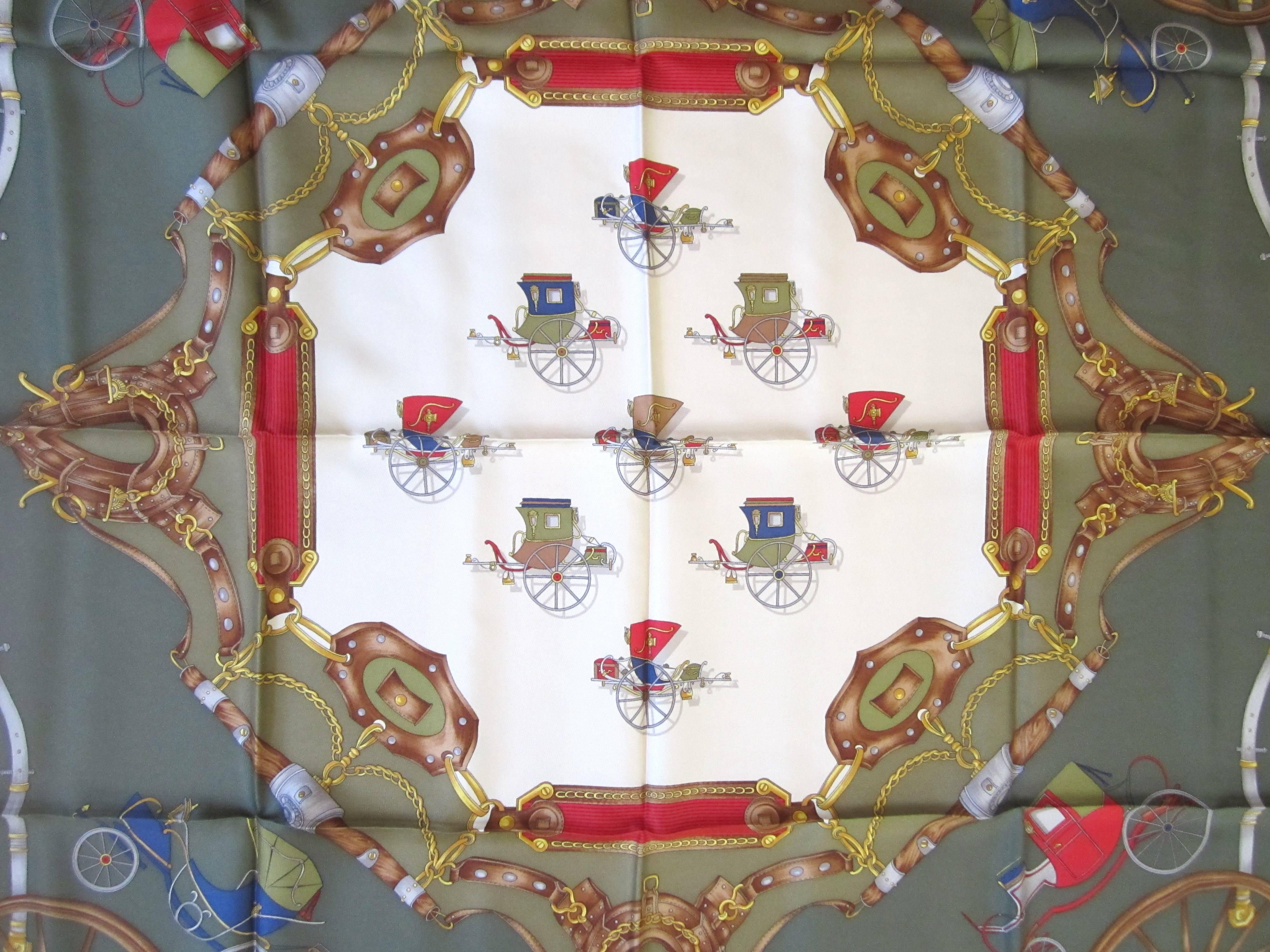 Another wonderful Gucci silk scarf. Has a wonderful Horse Carriage Saddle Motif. measuring 34 x 34. Made in Italy. We have many more Gucci, Escada and Hermes scarves on our storefront. This was purchased and never worn! This is out of a massive
