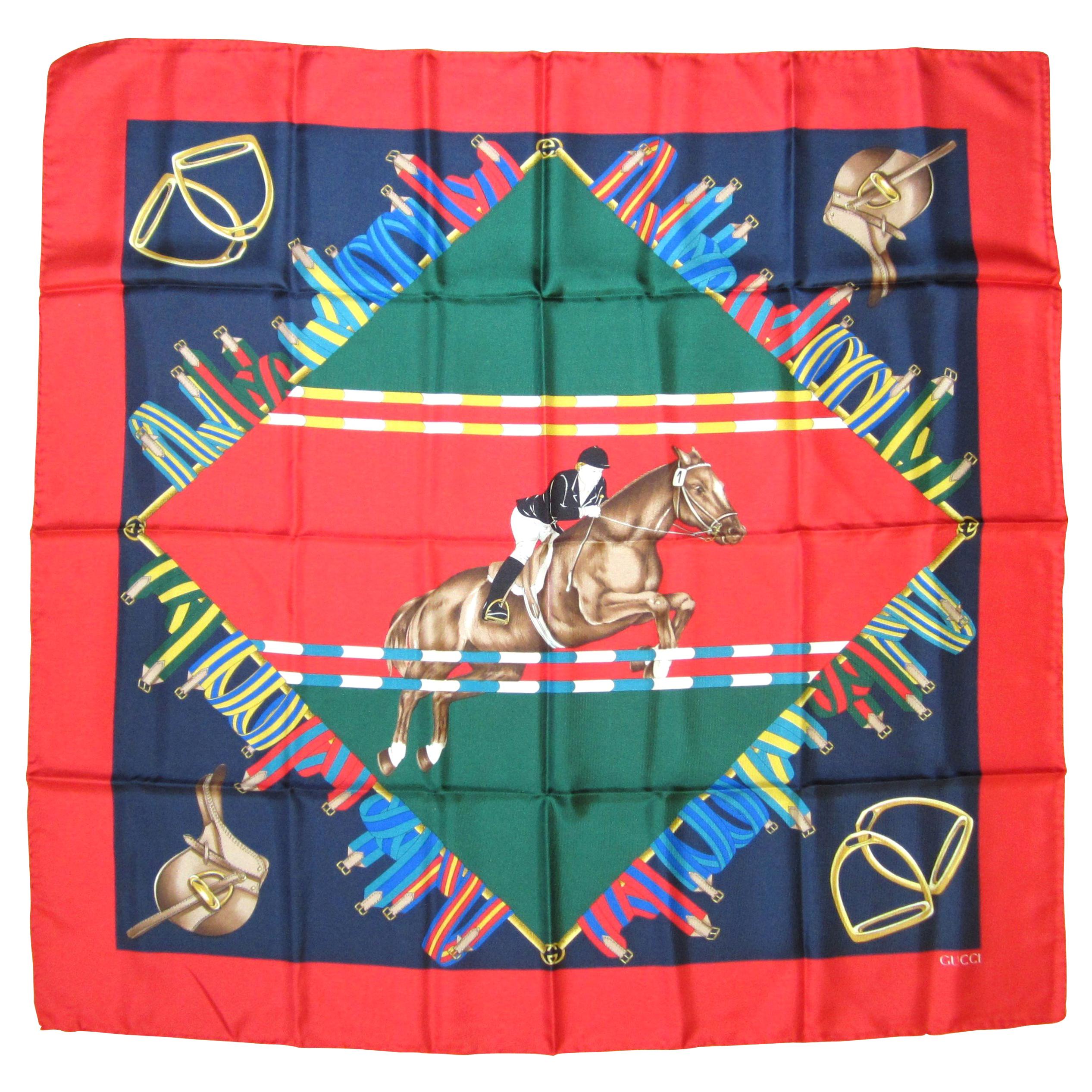 Gucci Silk Scarf Equestrian Horse Jumping New, Never worn 1990s 