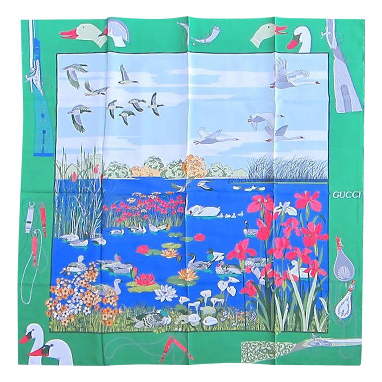  Gucci Silk Scarf "Hunting Lake Motif" Green, Blue - Red, New Never worn 1990s For Sale