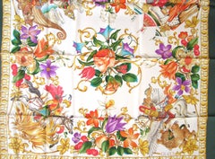 Gucci Silk Scarf  "Le Leggende" Floral Green Border New, Never Worn 1990s