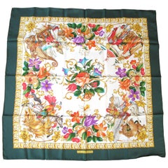 Gucci Silk Scarf  "Le Leggende" Floral Green Border New, Never Worn 1990s 