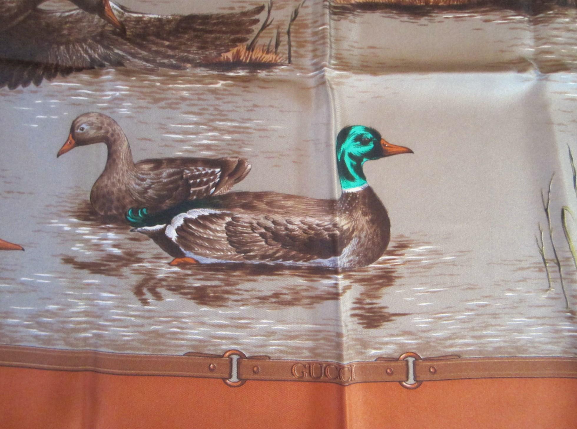 Brown Gucci Silk Scarf Mallard Duck Lake Scene New, Never worn 1990s For Sale