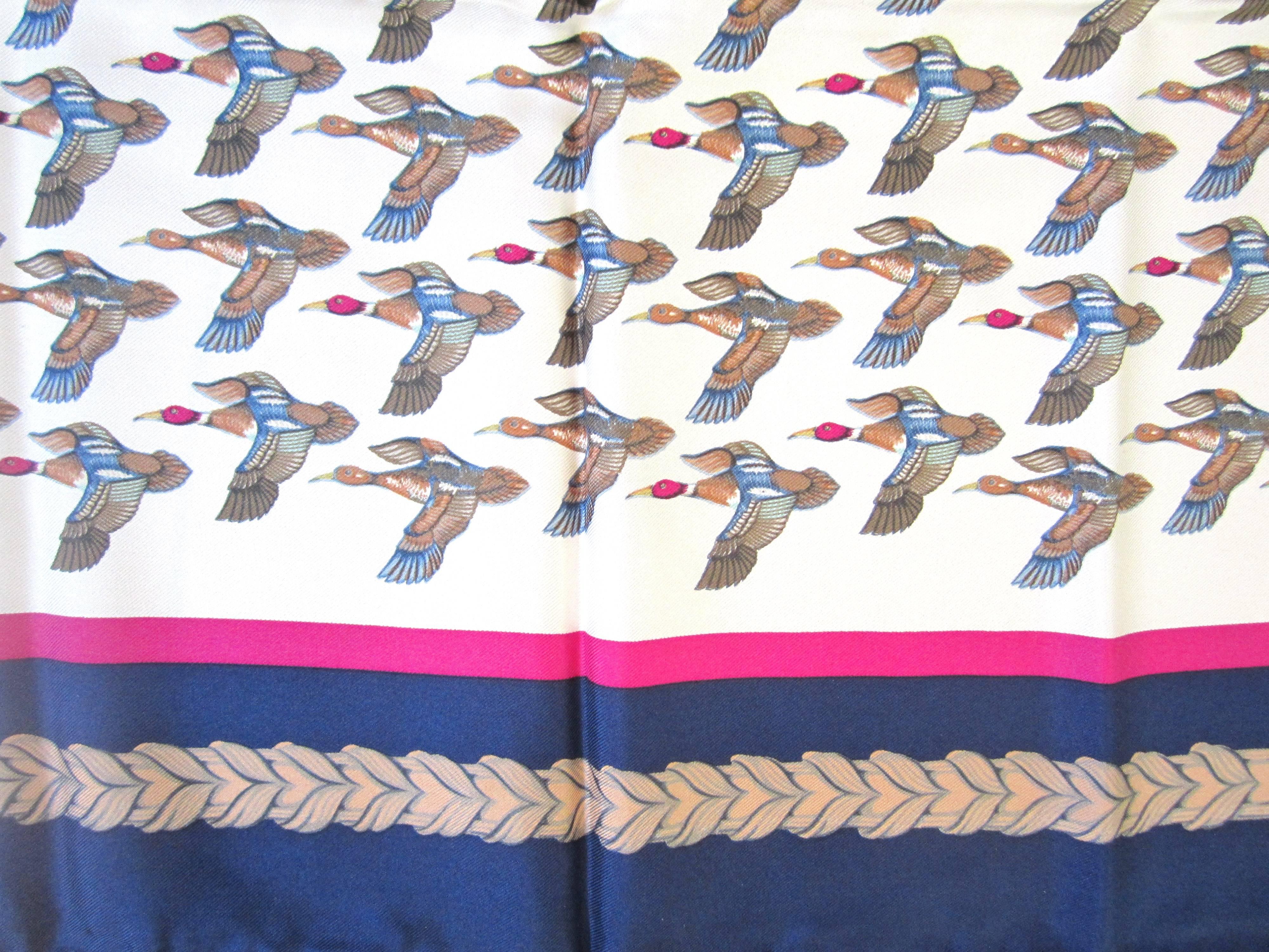 Gray Gucci SIlk Scarf Mallard's Birds Taking Flight, New Never Worn 1990s  For Sale