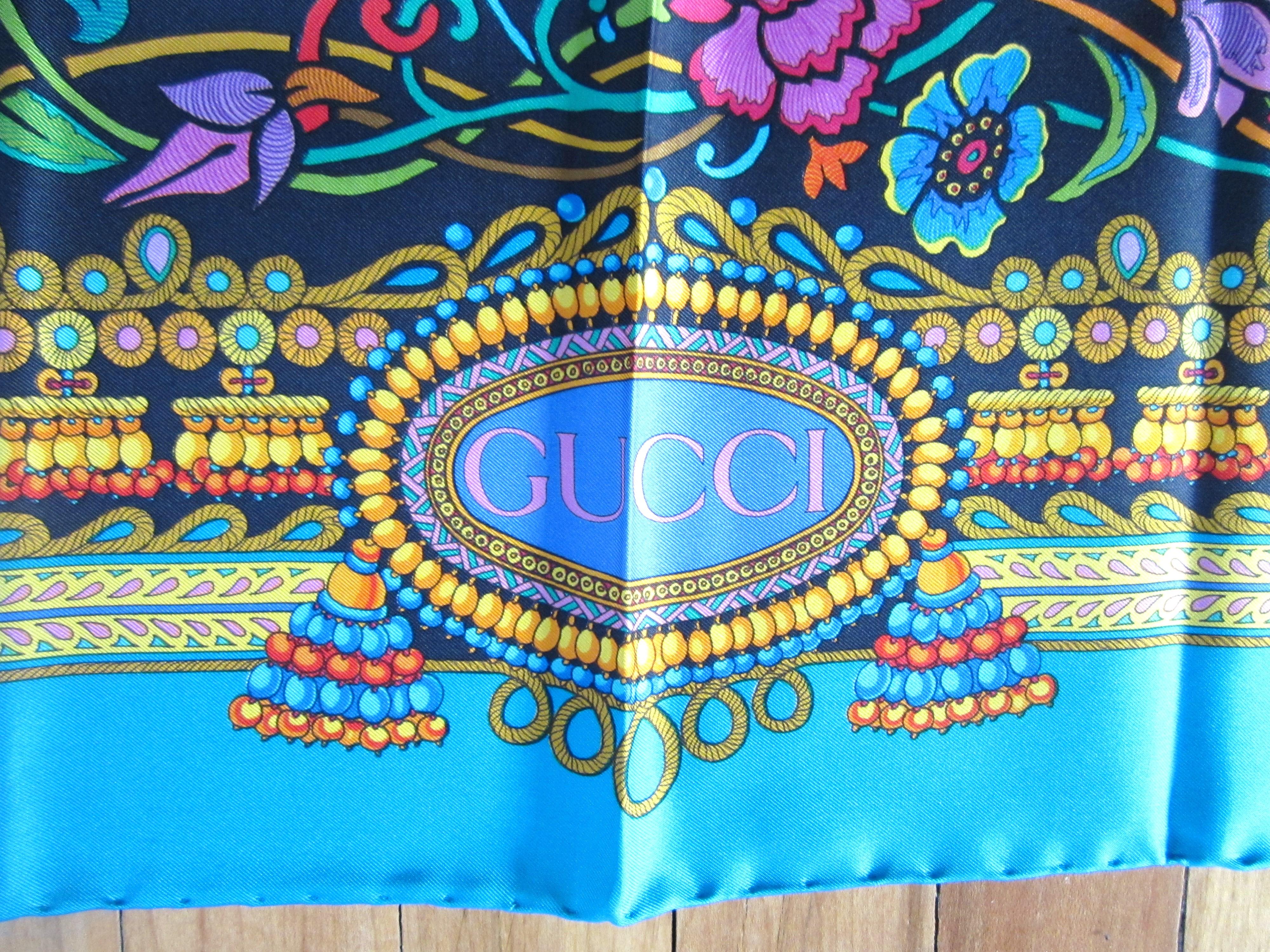 Blue Gucci Silk Scarf Matador Flower Vibrant Color New, Never worn 1990s For Sale