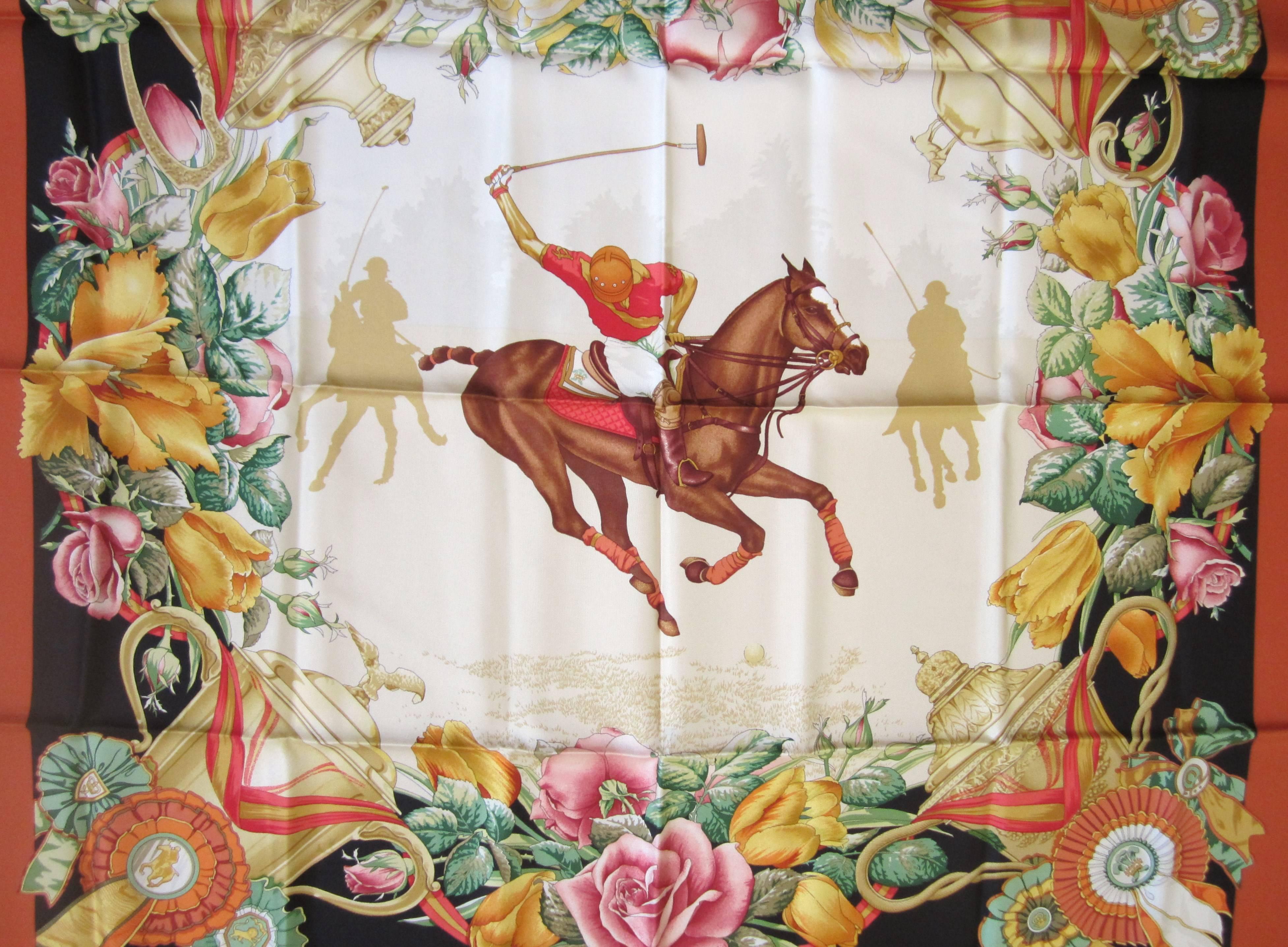 Another wonderful Gucci silk scarf. Has a wonderful Center Polo Rider surrounded by flowers and ribbons.  measuring 34 x 34. Made in Italy. This was purchased and never worn! This is out of a massive collection of Hopi, Zuni, Navajo, Southwestern,