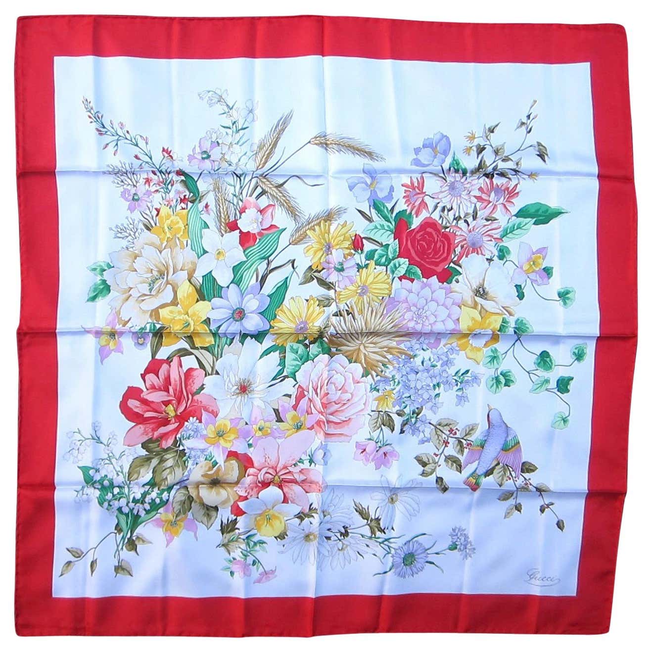 Gucci Silk Scarf Red Floral Motif 1990s, New, Never Worn For Sale at ...