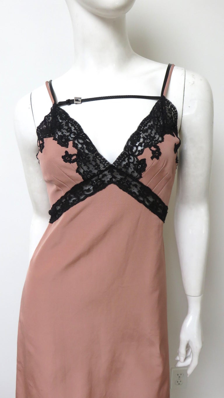 Gucci Silk Slip Dress with Lace and Leather Trim