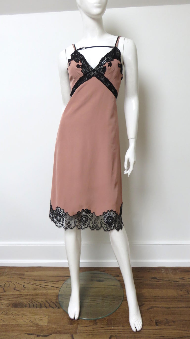 Gucci Silk Slip Dress with Lace and Leather Trim