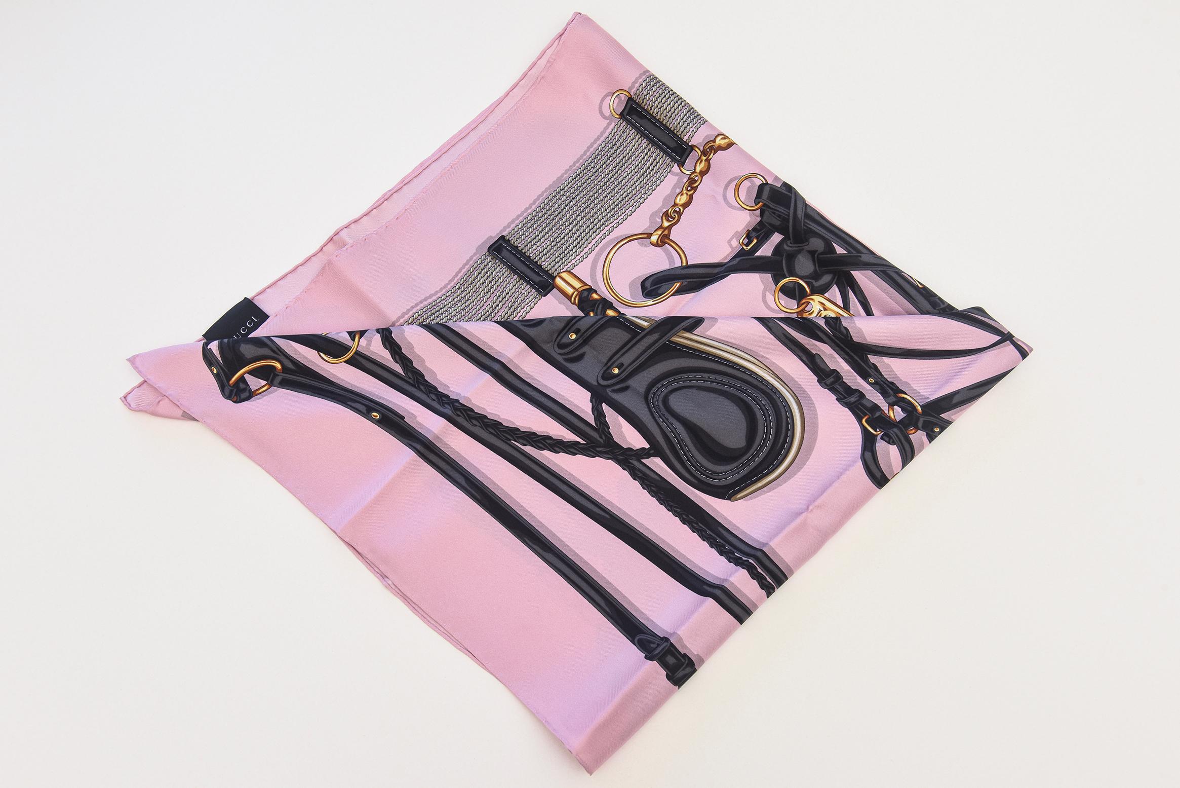 Gucci Silk Square Scarf With Horse Bit Motif Pink , Black, Charcoal, Gold For Sale 8