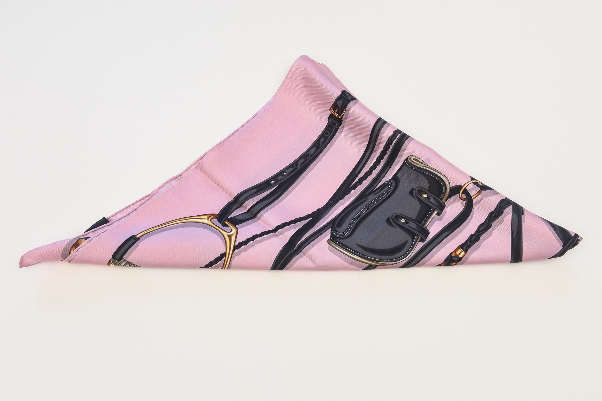 Gucci Silk Square Scarf With Horse Bit Motif Pink , Black, Charcoal, Gold For Sale 9