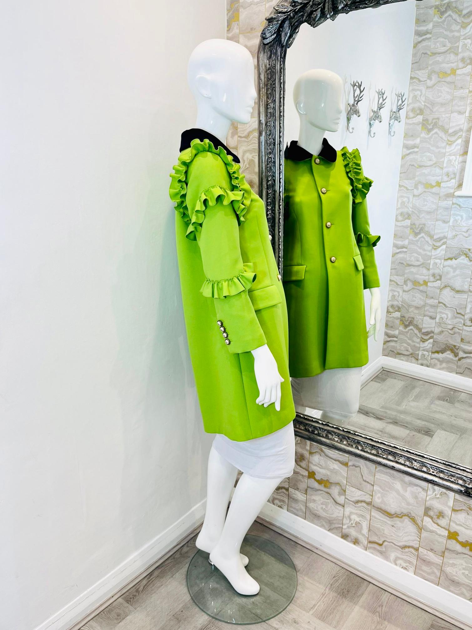 Green Gucci Silk & Wool Ruffle Trim Coat For Sale