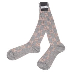 Gucci Silver & Beige Logo Monogram Lurex Knit Knee High Socks S (8)