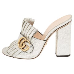 Used Gucci Silver Crackle Leather GG Marmont Fringed Slide Sandals Size 36