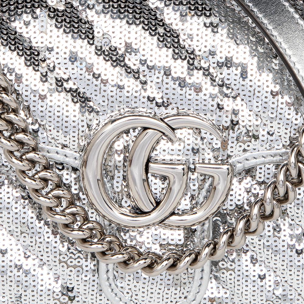 Gucci Silver Diagonal Sequins And Leather Mini GG Marmont Shoulder Bag 4