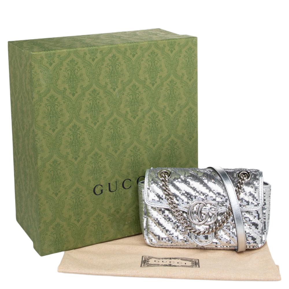 Gucci Silver Diagonal Sequins And Leather Mini GG Marmont Shoulder Bag 6