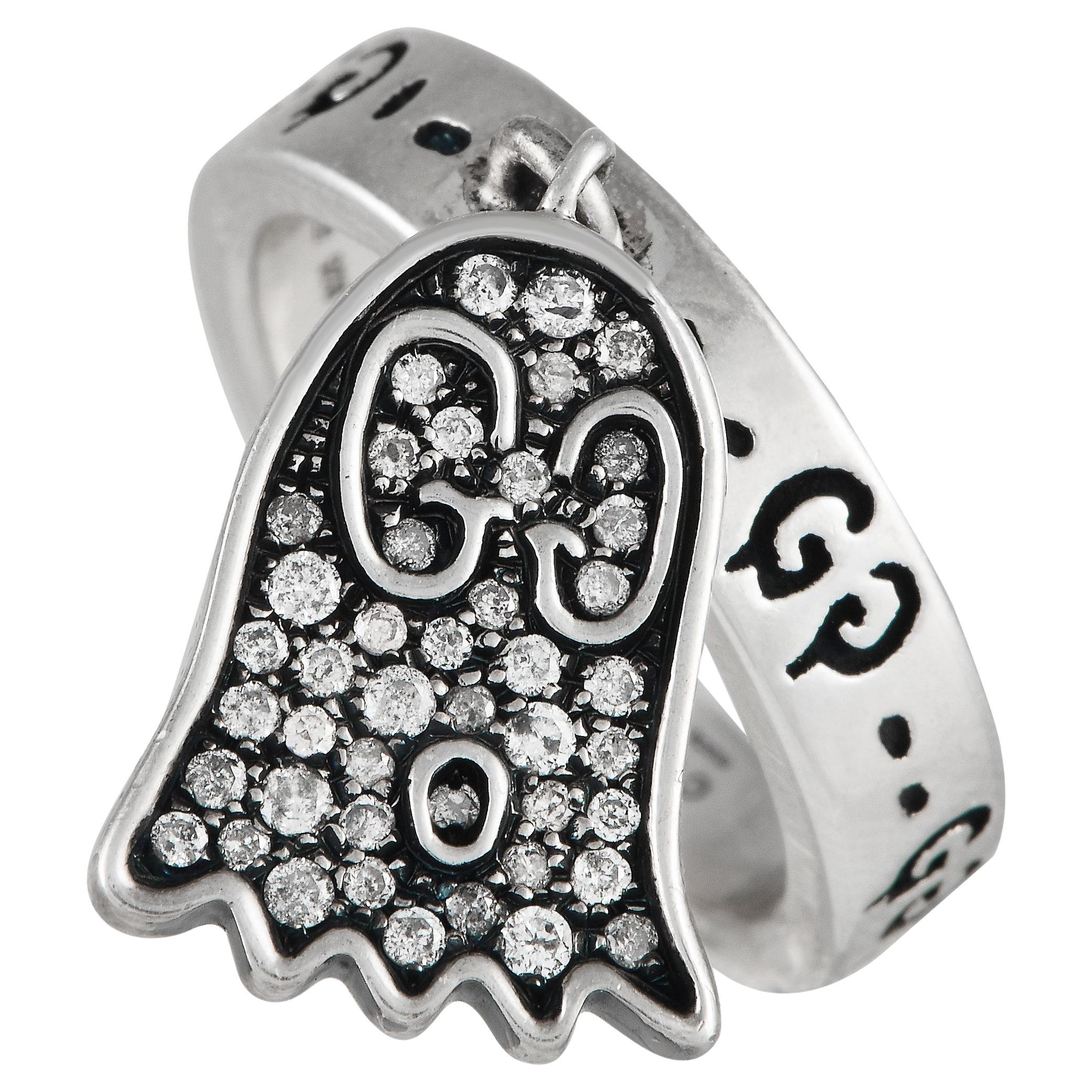 Gucci Silver Diamond Ghost Charm Ring For Sale