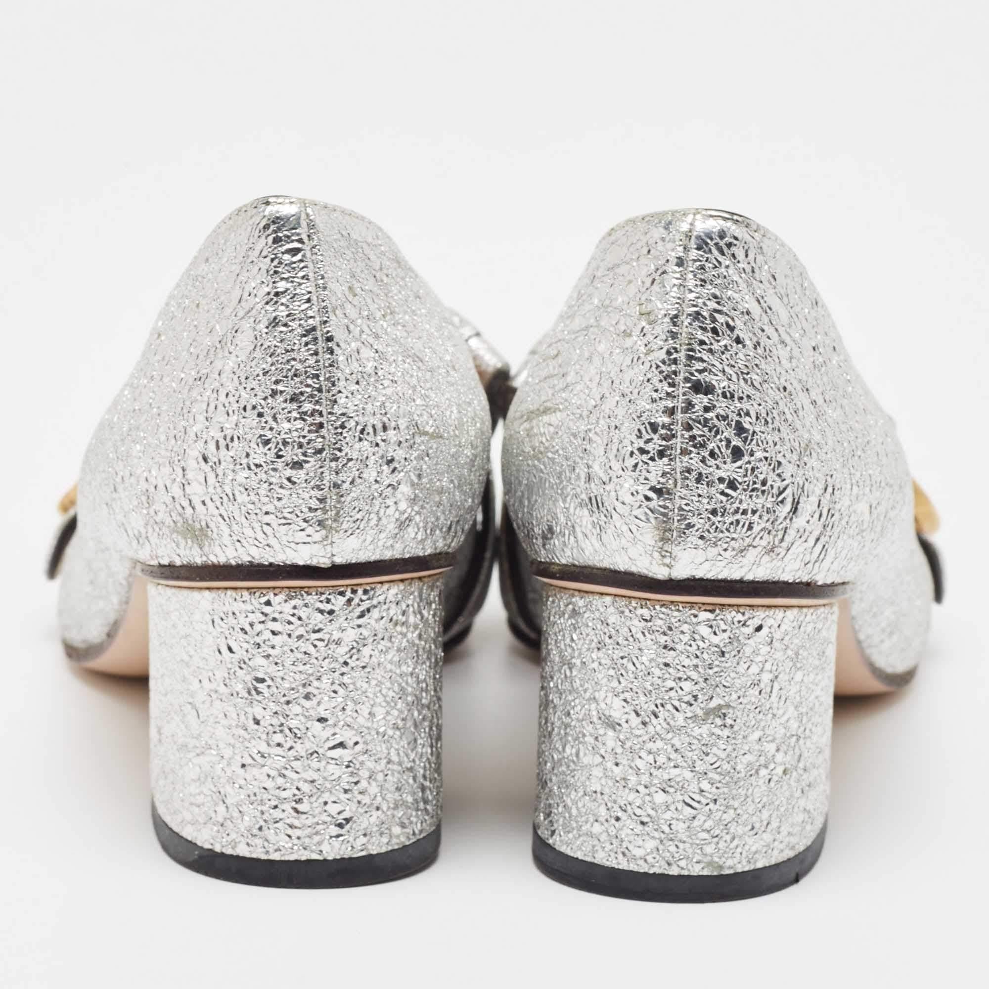 Women's Gucci Silver Foil Leather GG Marmont Fringe Block Heel Pumps Size 37.5