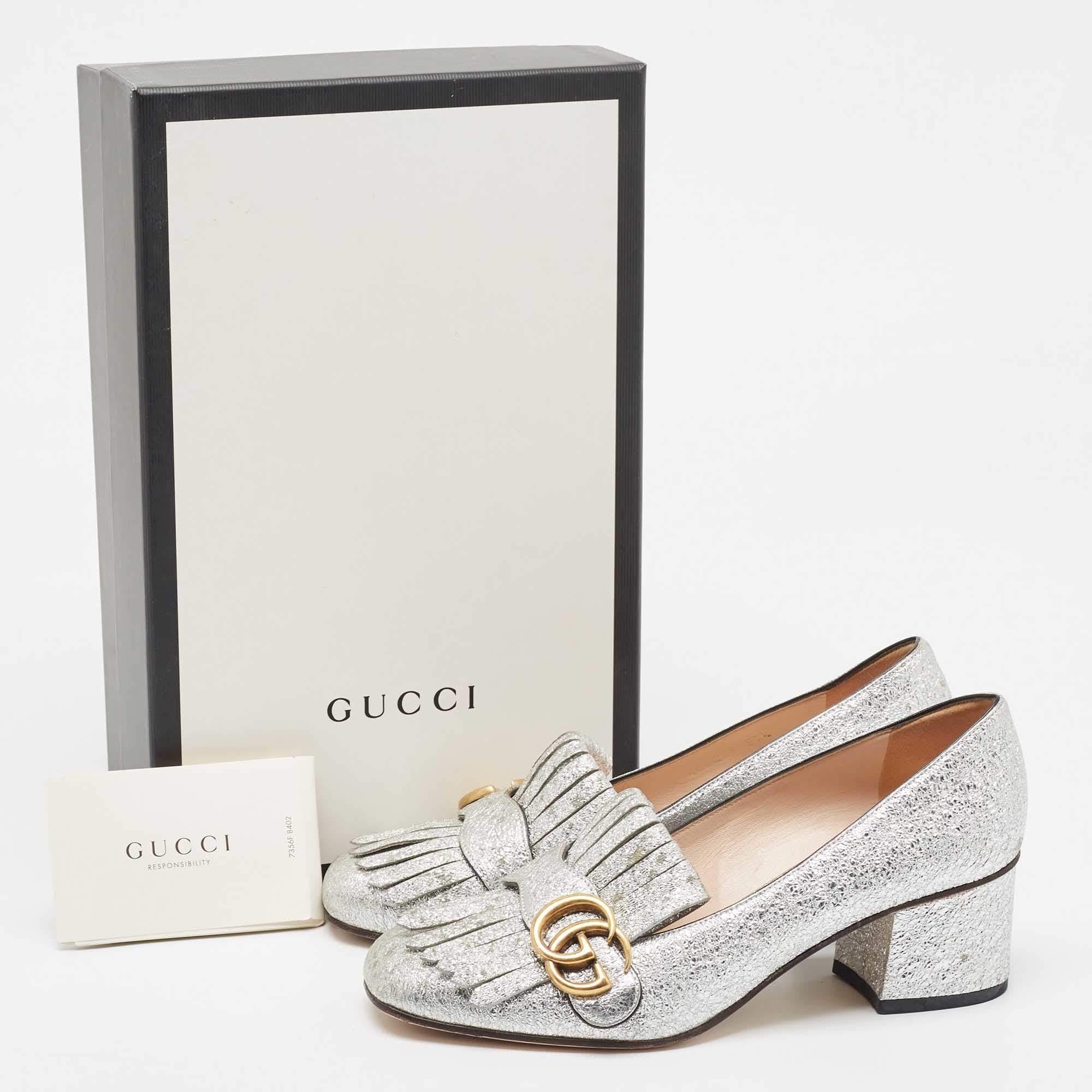 Gucci Silver Foil Leather GG Marmont Fringe Block Heel Pumps Size 37.5 5