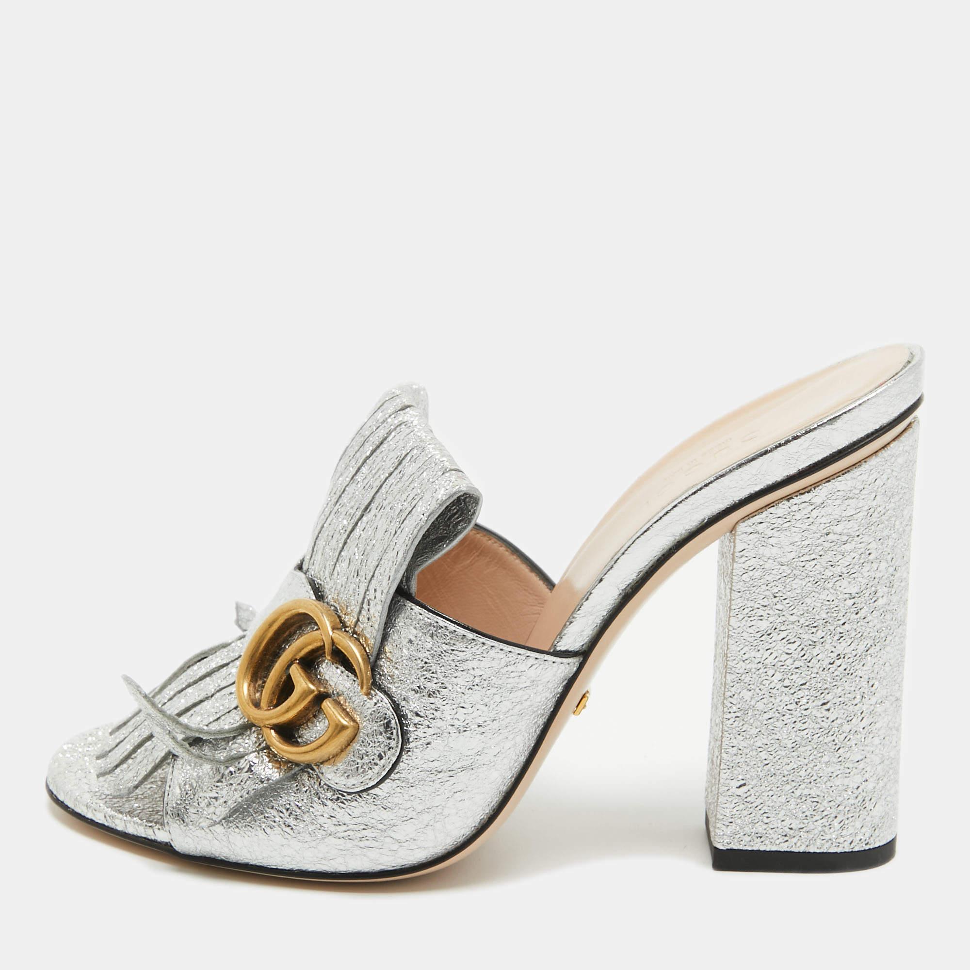 Women's Gucci Silver Foil Leather GG Marmont Fringe Details Open Toe Sandals Size 38