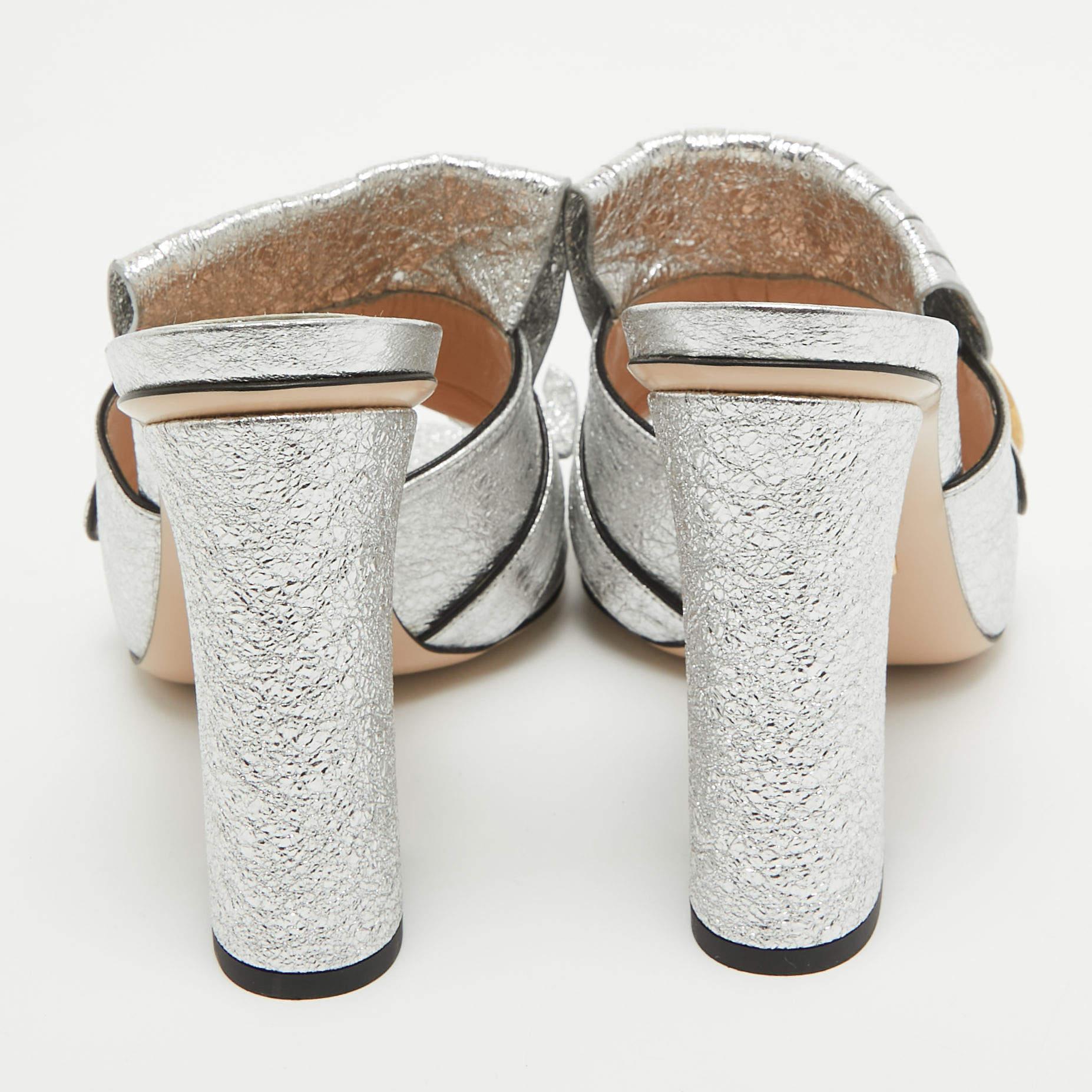 Gucci Silver Foil Leather GG Marmont Fringe Details Open Toe Sandals Size 38 2