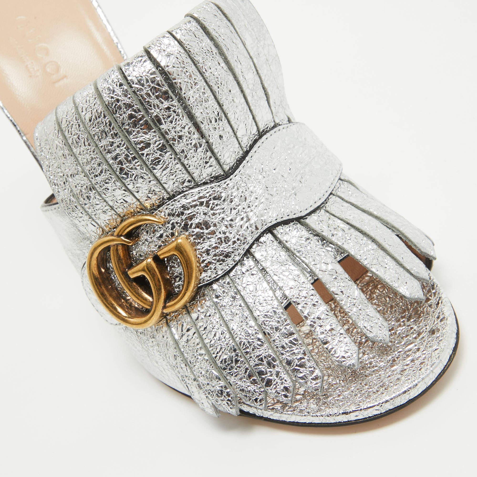 Gucci Silver Foil Leather GG Marmont Fringe Details Open Toe Sandals Size 38 4