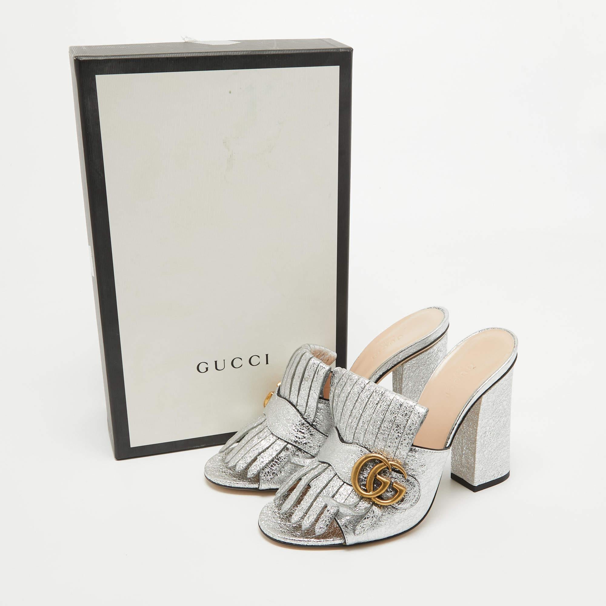 Gucci Silver Foil Leather GG Marmont Fringe Details Open Toe Sandals Size 38 5