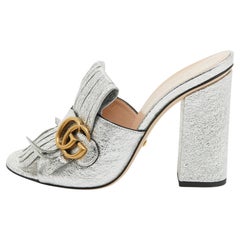 Gucci Silver Foil Leather GG Marmont Fringe Details Open Toe Sandals Size 38
