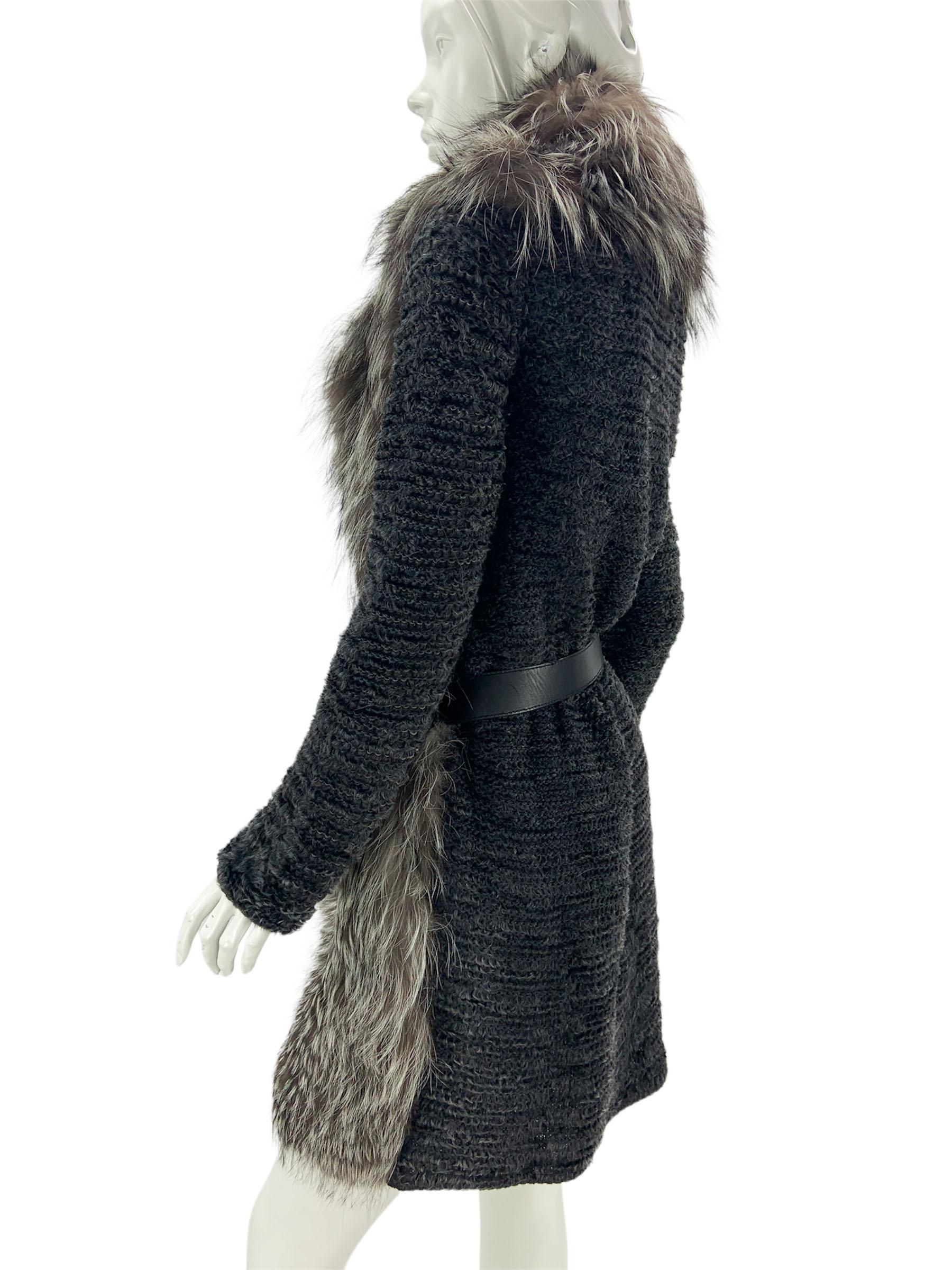 Gucci Silver Fox Lamb Dark Gray Belted Long Cardigan Coat Italian 42 For Sale 2
