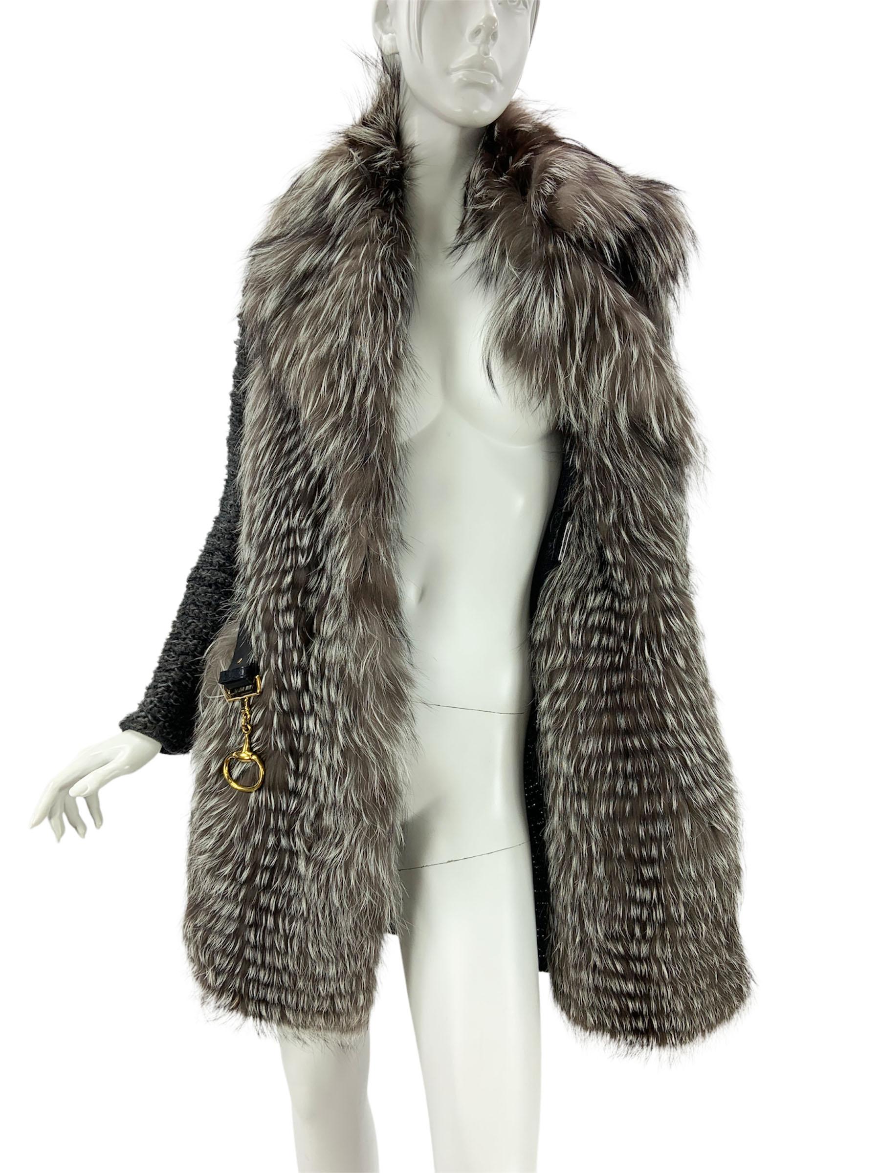 Gucci Silver Fox Lamb Dark Gray Belted Long Cardigan Coat Italian 42 For Sale 3