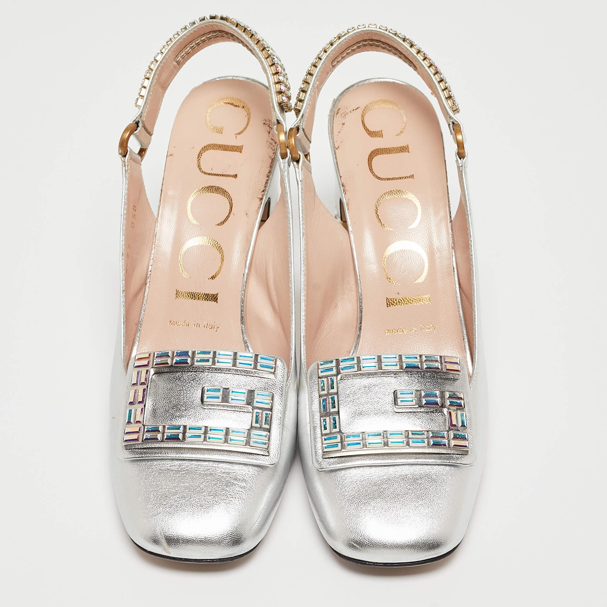 Gucci Silver G Embellished Leather Madelyn Slingback Pumps Size 37 In Fair Condition For Sale In Dubai, Al Qouz 2