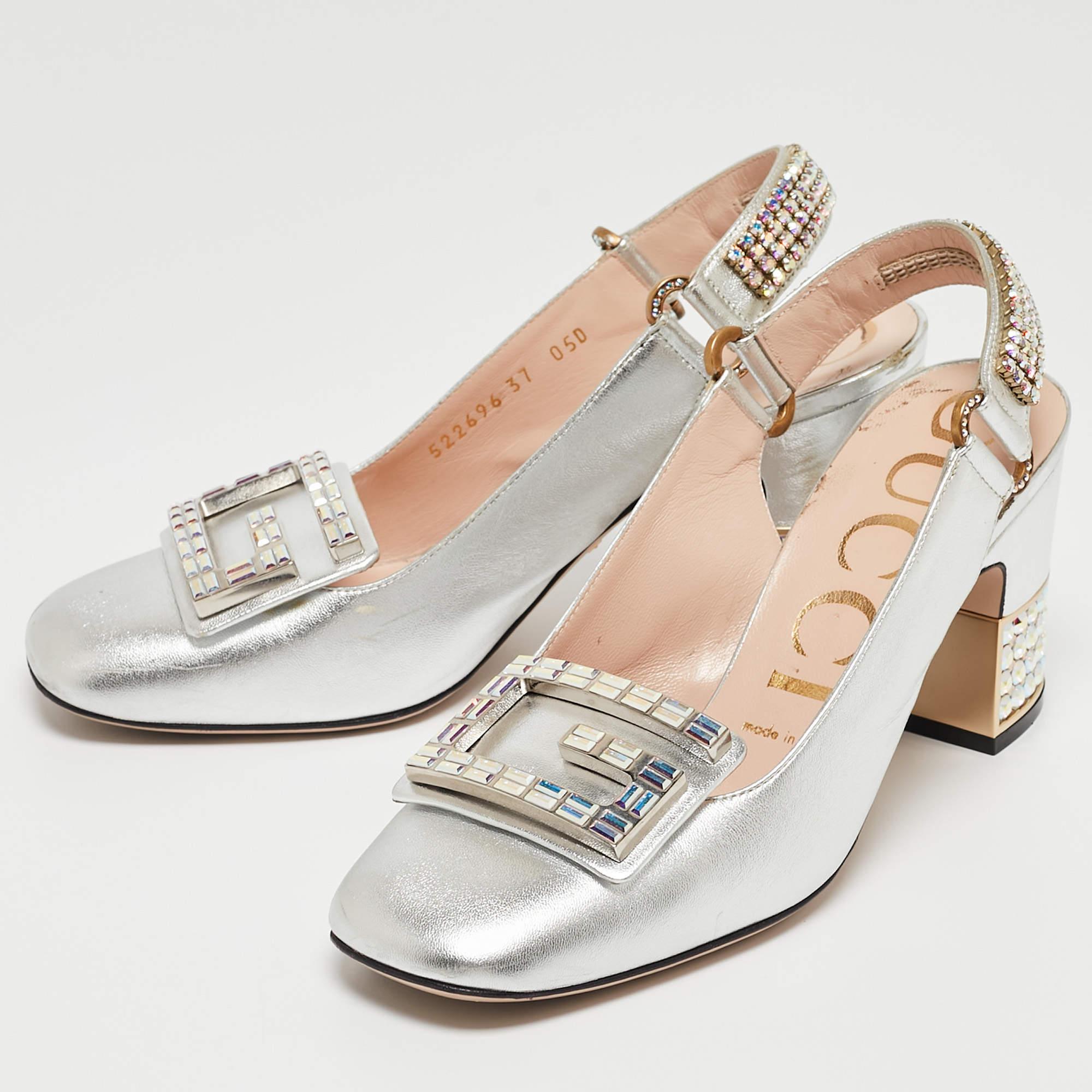 Women's Gucci Silver G Embellished Leather Madelyn Slingback Pumps Size 37