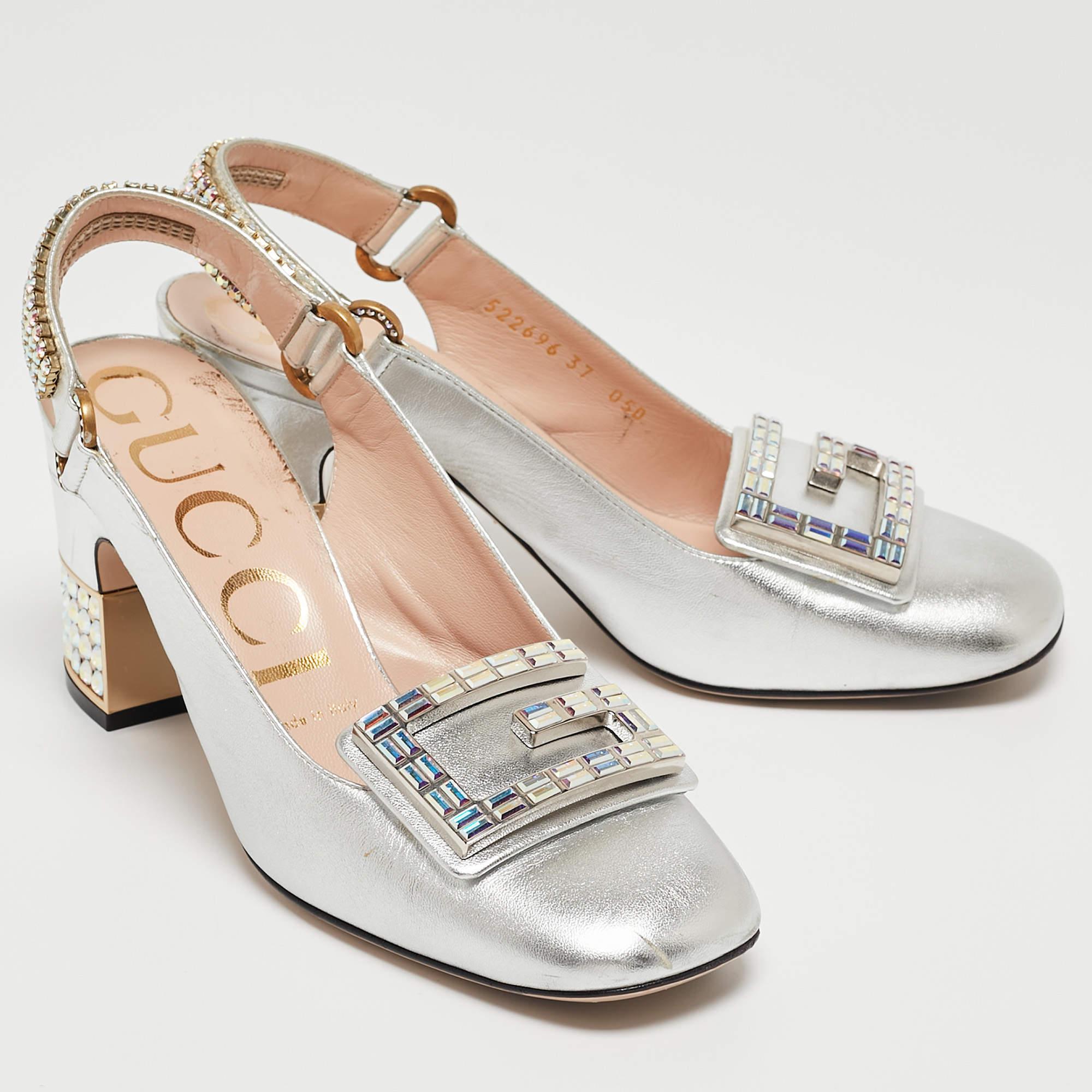 Gucci Silver G Embellished Leather Madelyn Slingback Pumps Size 37 2