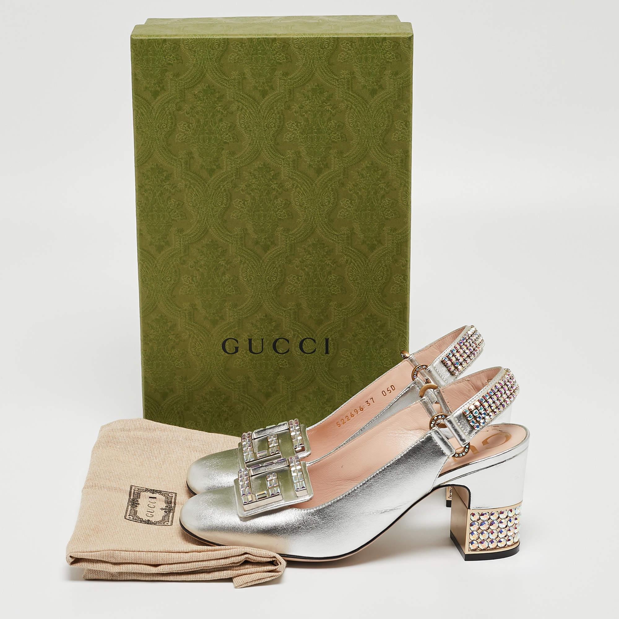 Gucci Silver G Embellished Leather Madelyn Slingback Pumps Size 37 3
