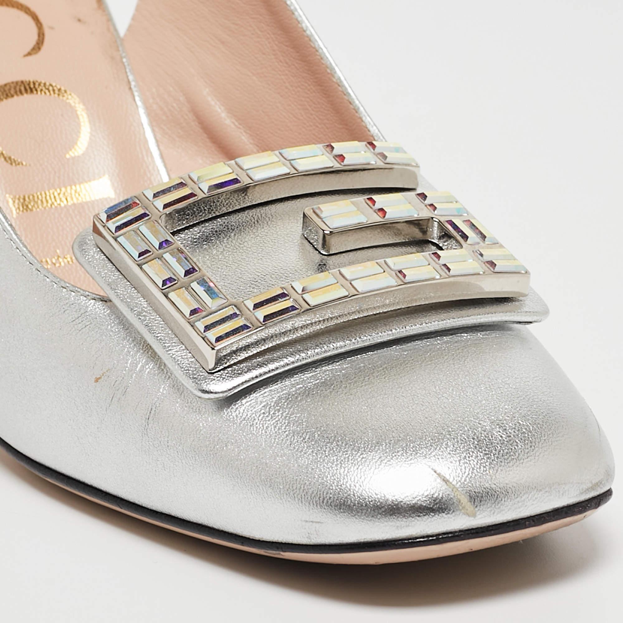 Gucci Silver G Embellished Leather Madelyn Slingback Pumps Size 37 4