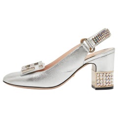 Gucci Silver G Embellished Leather Madelyn Slingback Pumps Size 37