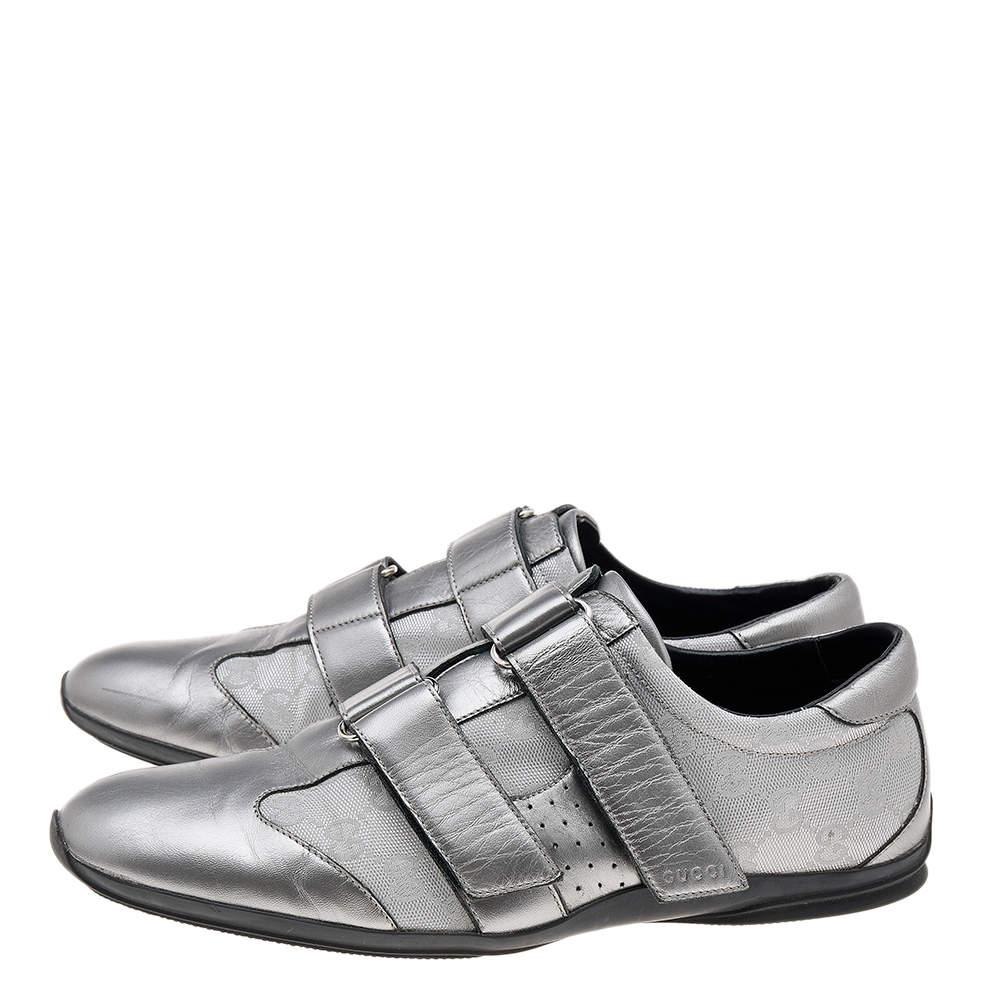 Men's Gucci Silver GG Canvas and Leather Velcro Sneakers Size 42.5